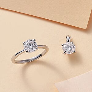 Moissanite 1.90 ctw Solitaire Ring (Size 6.0) and Pendant without Chain in Rhodium Over Sterling Silver