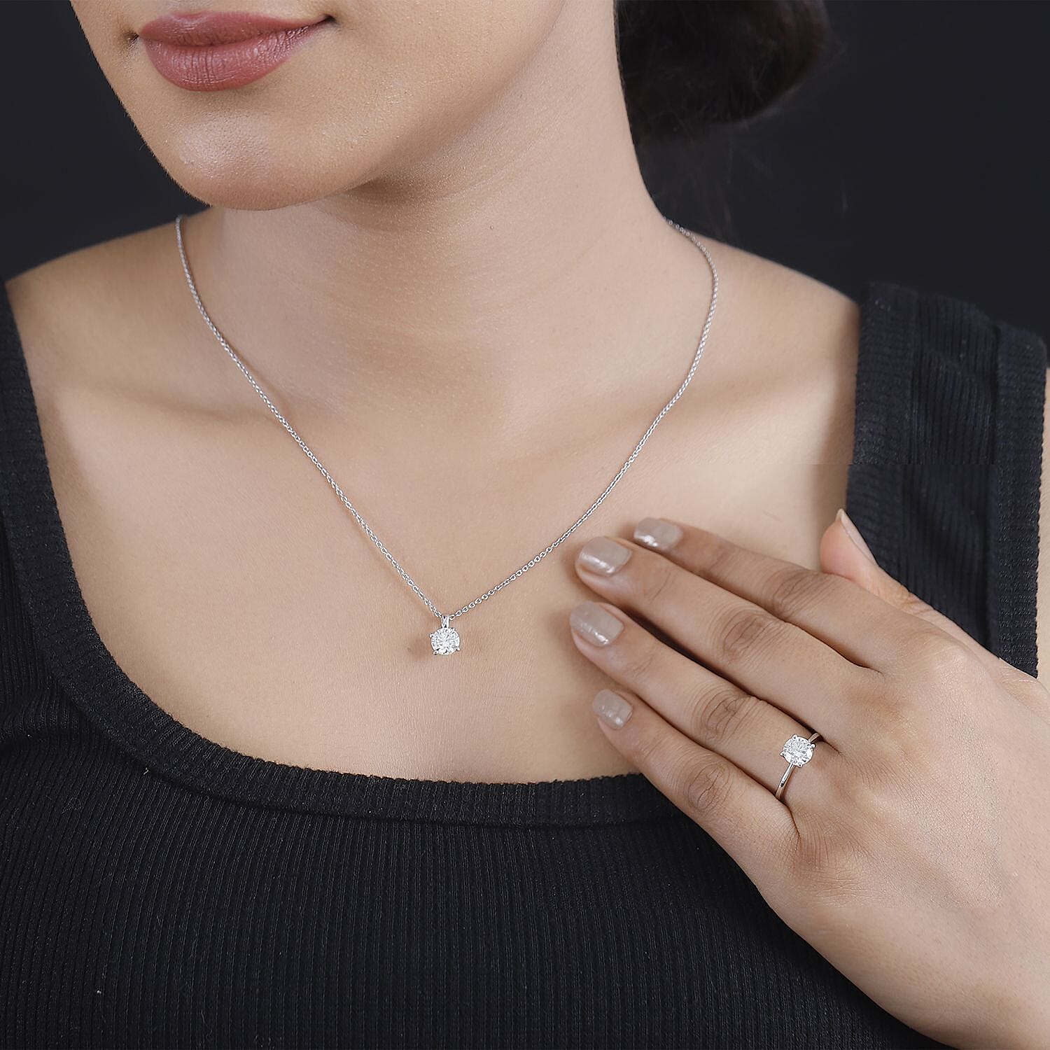Moissanite 1.90 ctw Solitaire Ring (Size 8.0) and Pendant without Chain in Rhodium Over Sterling Silver