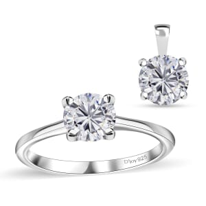 Moissanite 1.90 ctw Solitaire Ring (Size 9.0) and Pendant without Chain in Rhodium Over Sterling Silver