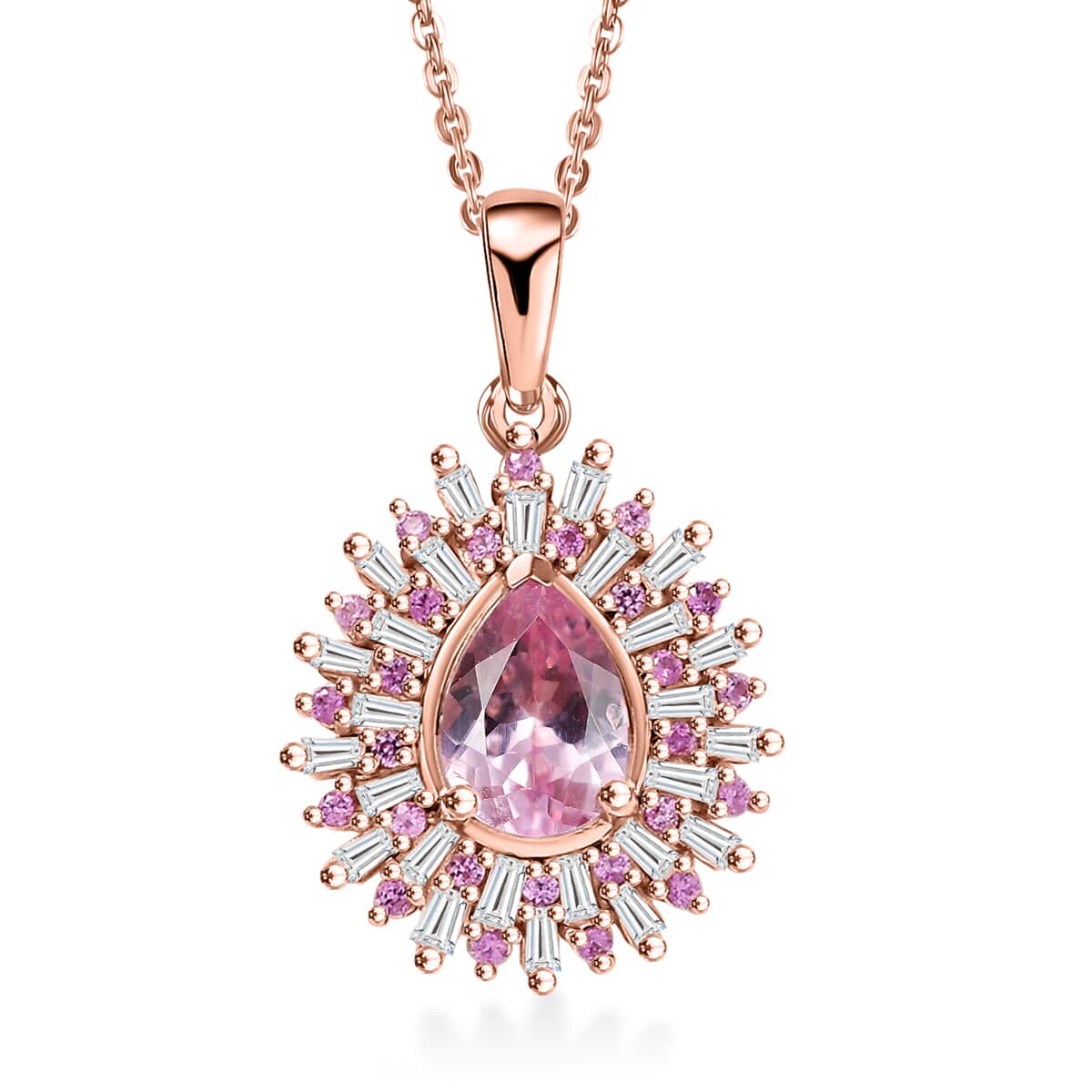 Narsipatnam Pink Spinel, Pink Sapphire, Diamond 1.25 ctw Sunrays Pendant Necklace 20 Inches in 18K Vermeil Rose Gold Over Sterling Silver image number 0