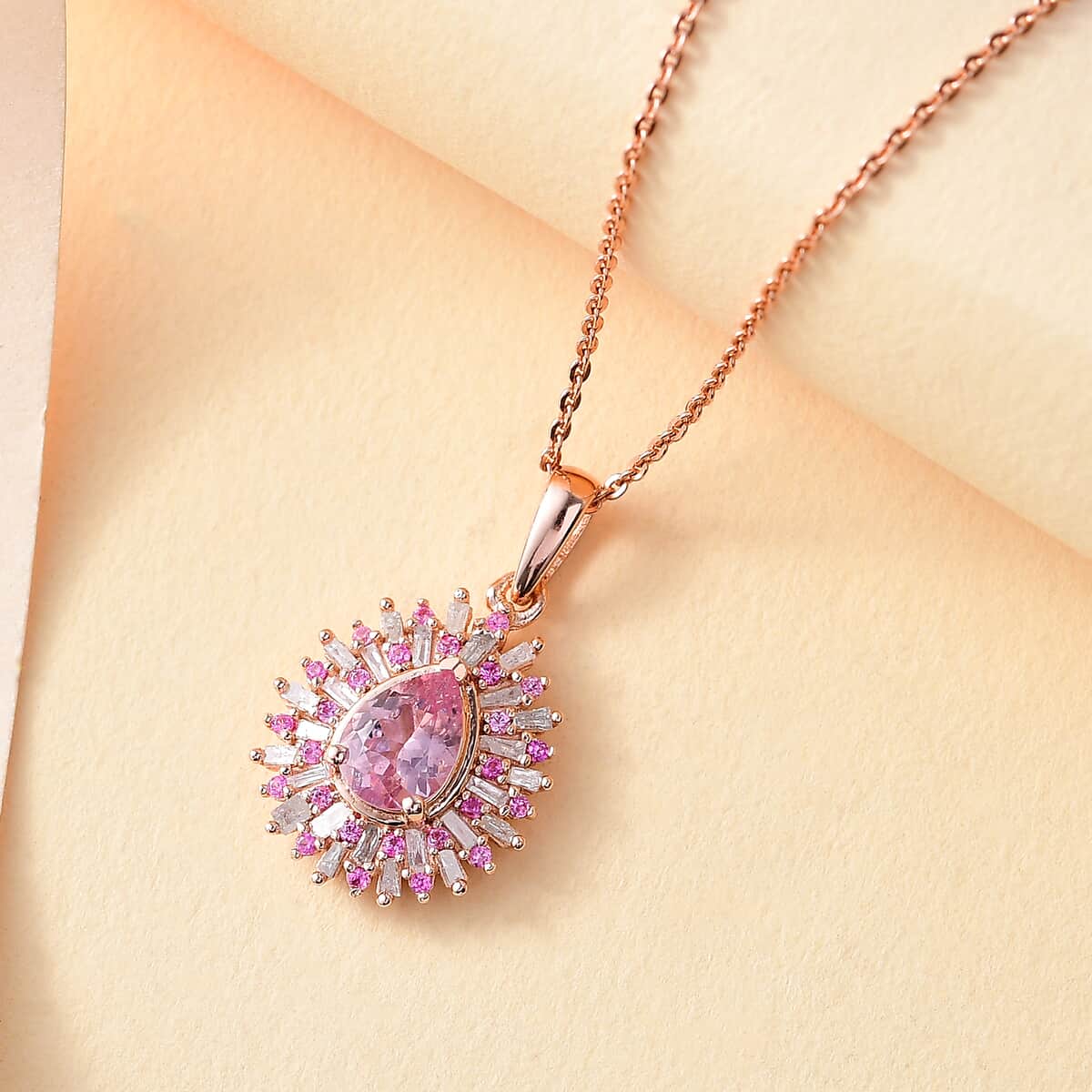 Narsipatnam Pink Spinel, Pink Sapphire, Diamond 1.25 ctw Sunrays Pendant Necklace 20 Inches in 18K Vermeil Rose Gold Over Sterling Silver image number 1