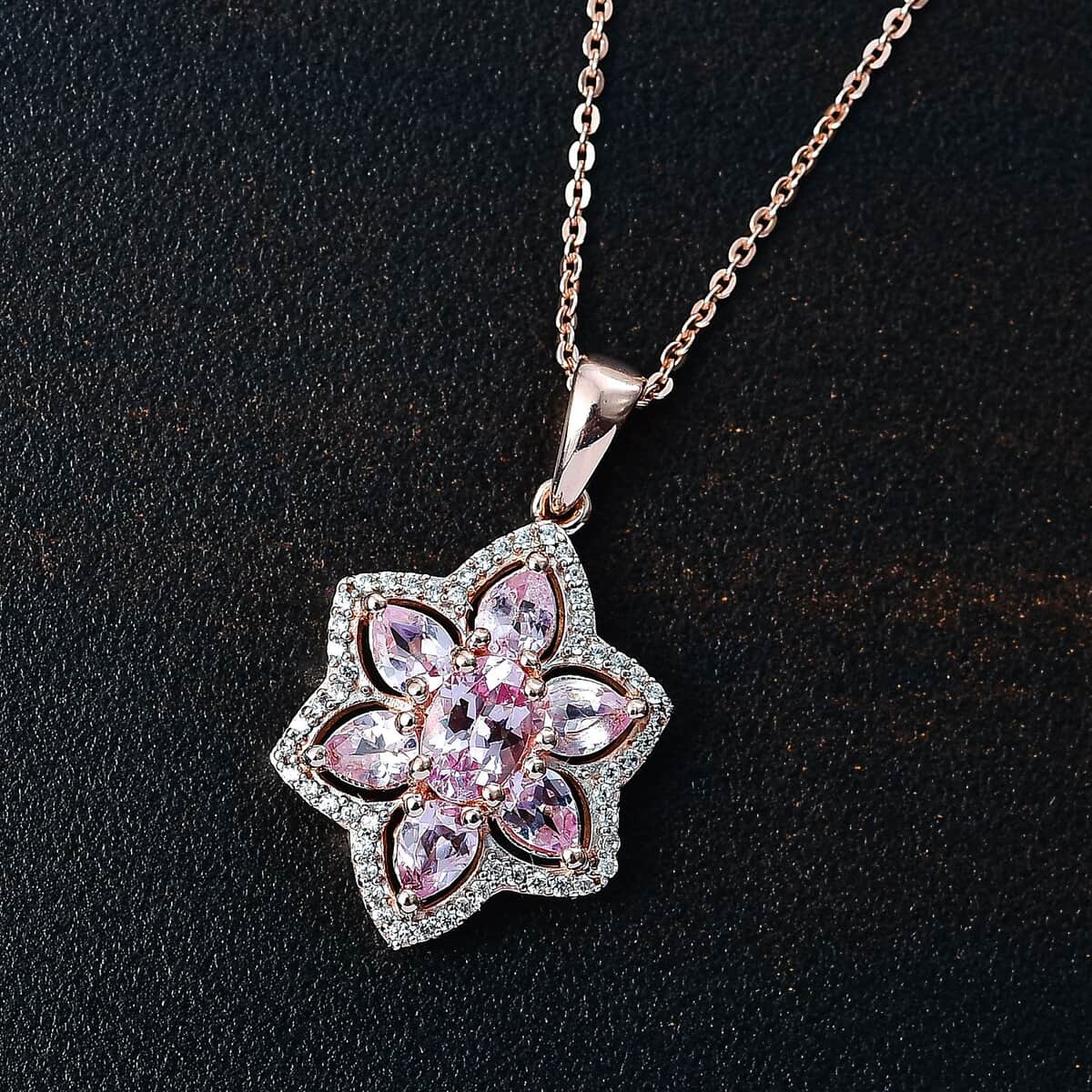 Narsipatnam Pink Spinel and White Zircon 1.75 ctw Blossom Flower Pendant Necklace 20 Inches in 18K Vermeil Rose Gold Over Sterling Silver image number 1