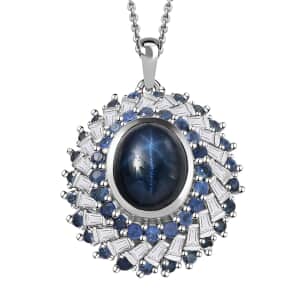 Blue Star Sapphire (DF) and Multi Gemstone 6.30 ctw Celestial Dahlia Pendant Necklace in Rhodium Over Sterling Silver 20 Inches (Del. in 10-12 Days)