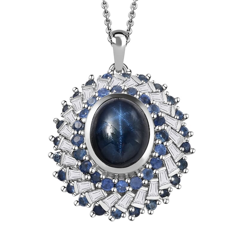 Blue Star Sapphire (DF) and Multi Gemstone 6.30 ctw Celestial Dahlia Pendant Necklace in Rhodium Over Sterling Silver 20 Inches