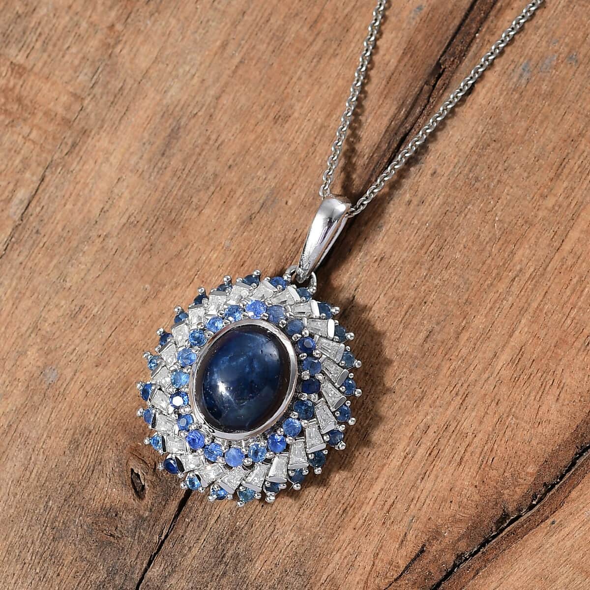 Blue Star Sapphire (DF) and Multi Gemstone 6.30 ctw Celestial Dahlia Pendant Necklace in Rhodium Over Sterling Silver 20 Inches (Del. in 10-12 Days) image number 1