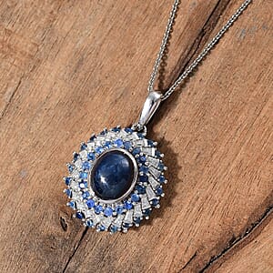 Blue Star Sapphire (DF) and Multi Gemstone 6.30 ctw Celestial Dahlia Pendant Necklace in Rhodium Over Sterling Silver 20 Inches