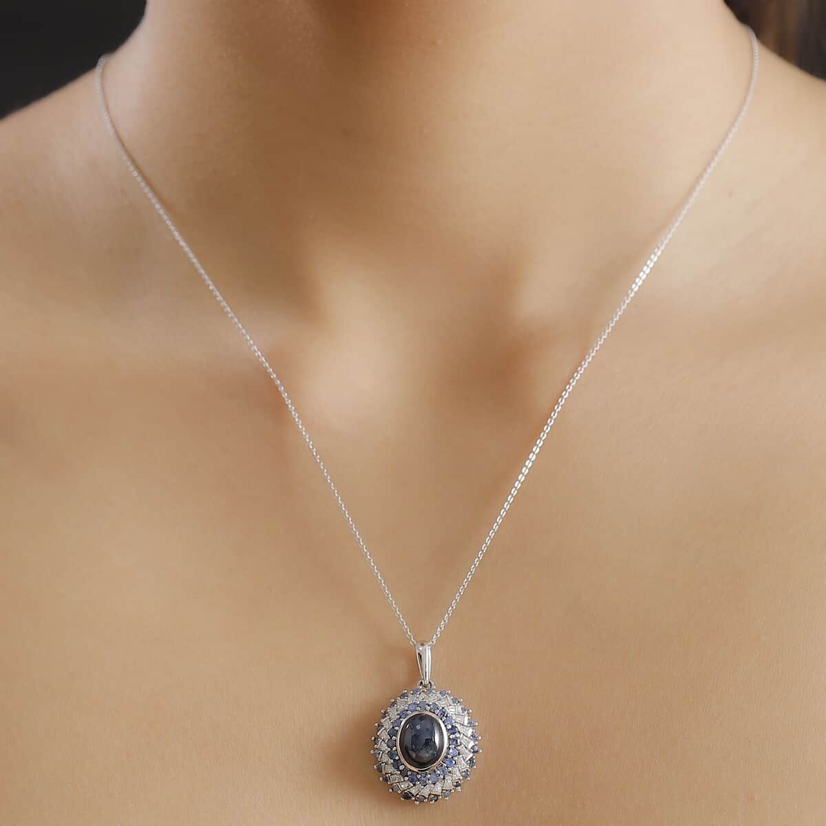 Blue Star Sapphire (DF) and Multi Gemstone 6.30 ctw Celestial Dahlia Pendant Necklace in Rhodium Over Sterling Silver 20 Inches (Del. in 10-12 Days) image number 2