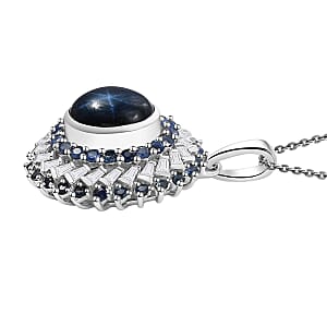 Blue Star Sapphire (DF) and Multi Gemstone 6.30 ctw Celestial Dahlia Pendant Necklace in Rhodium Over Sterling Silver 20 Inches