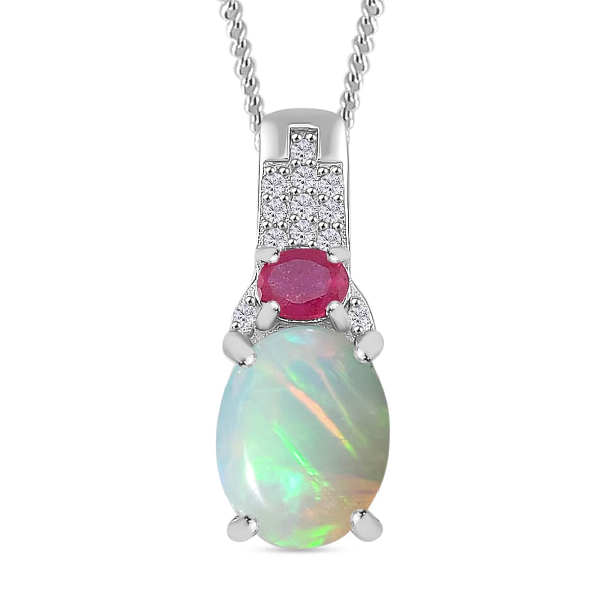 Doorbuster Ethiopian Welo Opal and Multi Gemstone 1.85 ctw Aurora Grove Pendant Necklace 20 Inches in Platinum and Rhodium Over Sterling Silver image number 0