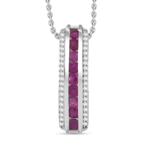 Doorbuster Karis Ruby and White Zircon 1.25 ctw Vertical Bar Pendant in Platinum Bond with Stainless Steel Necklace 20 Inches