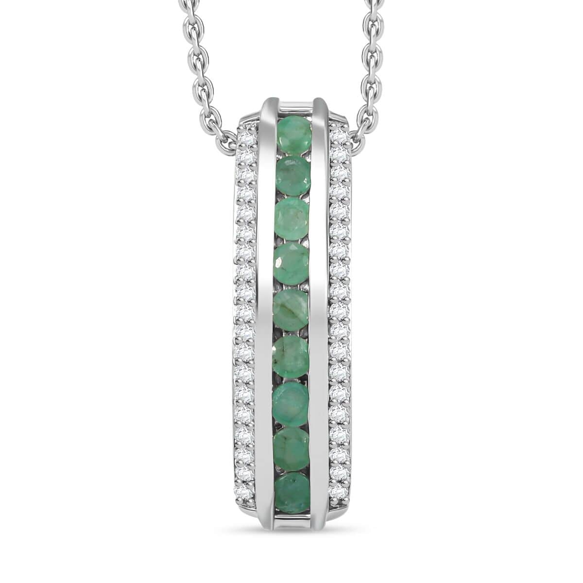 Doorbuster Karis Emerald and White Zircon 1.00 ctw Vertical Bar Pendant in Platinum Bond with Stainless Steel Necklace 20 Inches image number 0