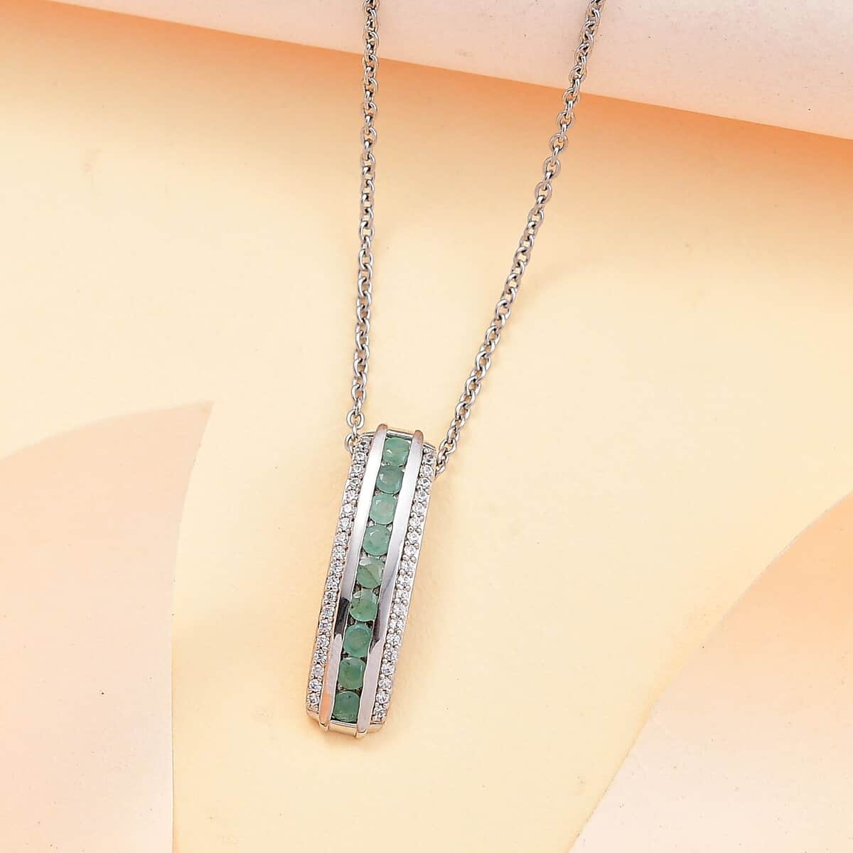 Doorbuster Karis Emerald and White Zircon 1.00 ctw Vertical Bar Pendant in Platinum Bond with Stainless Steel Necklace 20 Inches image number 1