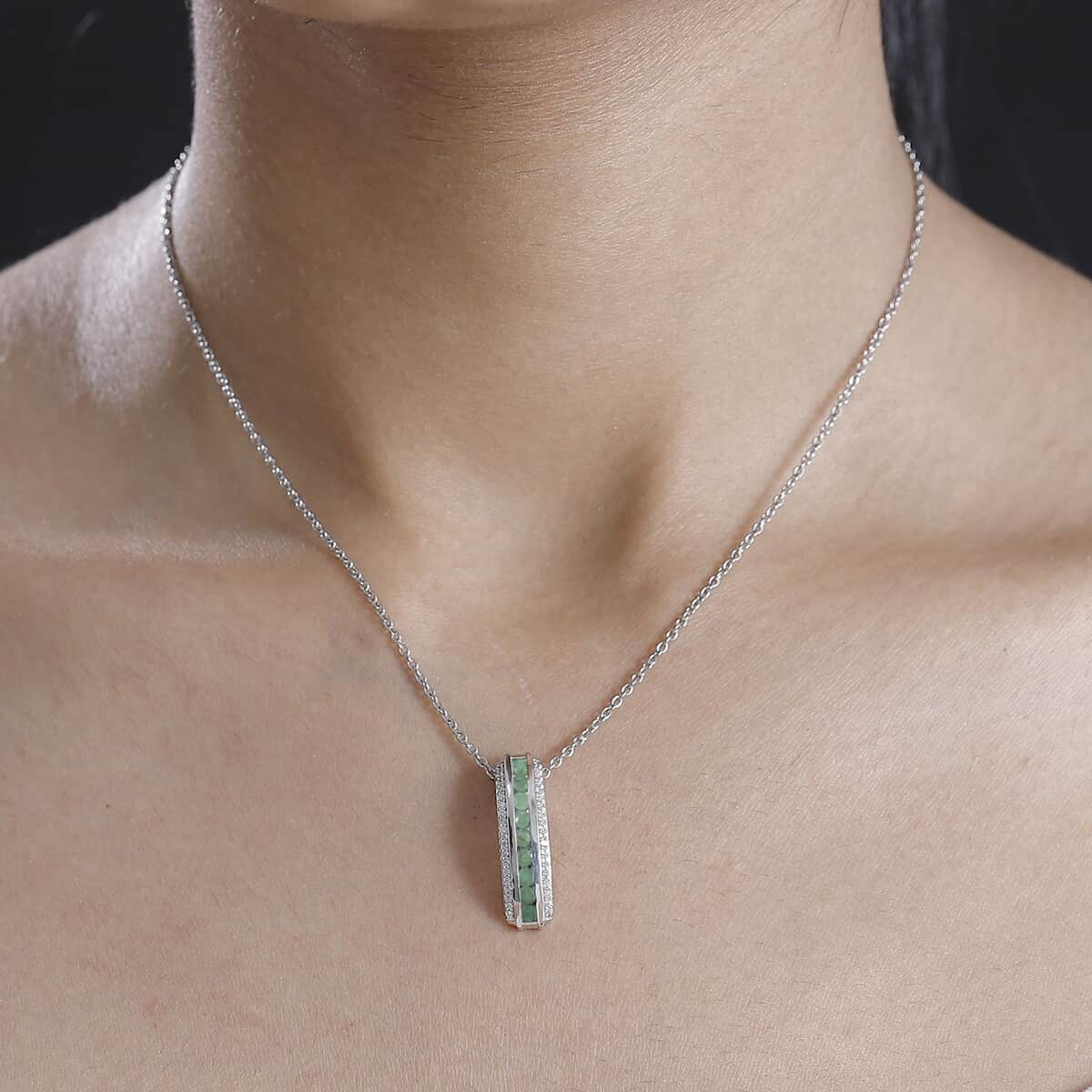 Doorbuster Karis Emerald and White Zircon 1.00 ctw Vertical Bar Pendant in Platinum Bond with Stainless Steel Necklace 20 Inches image number 2