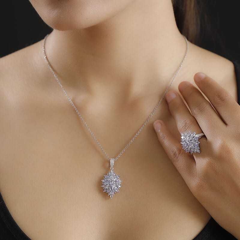 Karis Tanzanite 5.75 ctw Floral Spray Ring (Size 5.0) and Pendant in Platinum Bond with Stainless Steel Necklace 20 Inches