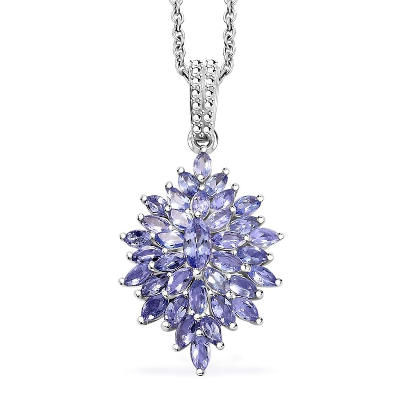 Karis Tanzanite 5.75 ctw Floral Spray Ring (Size 5.0) and Pendant in Platinum Bond with Stainless Steel Necklace 20 Inches