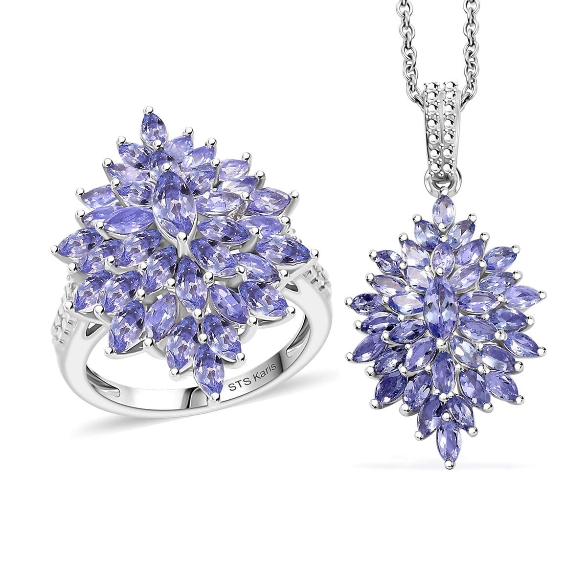Karis Tanzanite 5.75 ctw Floral Spray Ring (Size 6.0) and Pendant in Platinum Bond with Stainless Steel Necklace 20 Inches image number 0