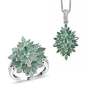 Karis Emerald 5.75 ctw Floral Spray Ring (Size 6.0) and Pendant in Platinum Bond with Stainless Steel Necklace 20 Inches