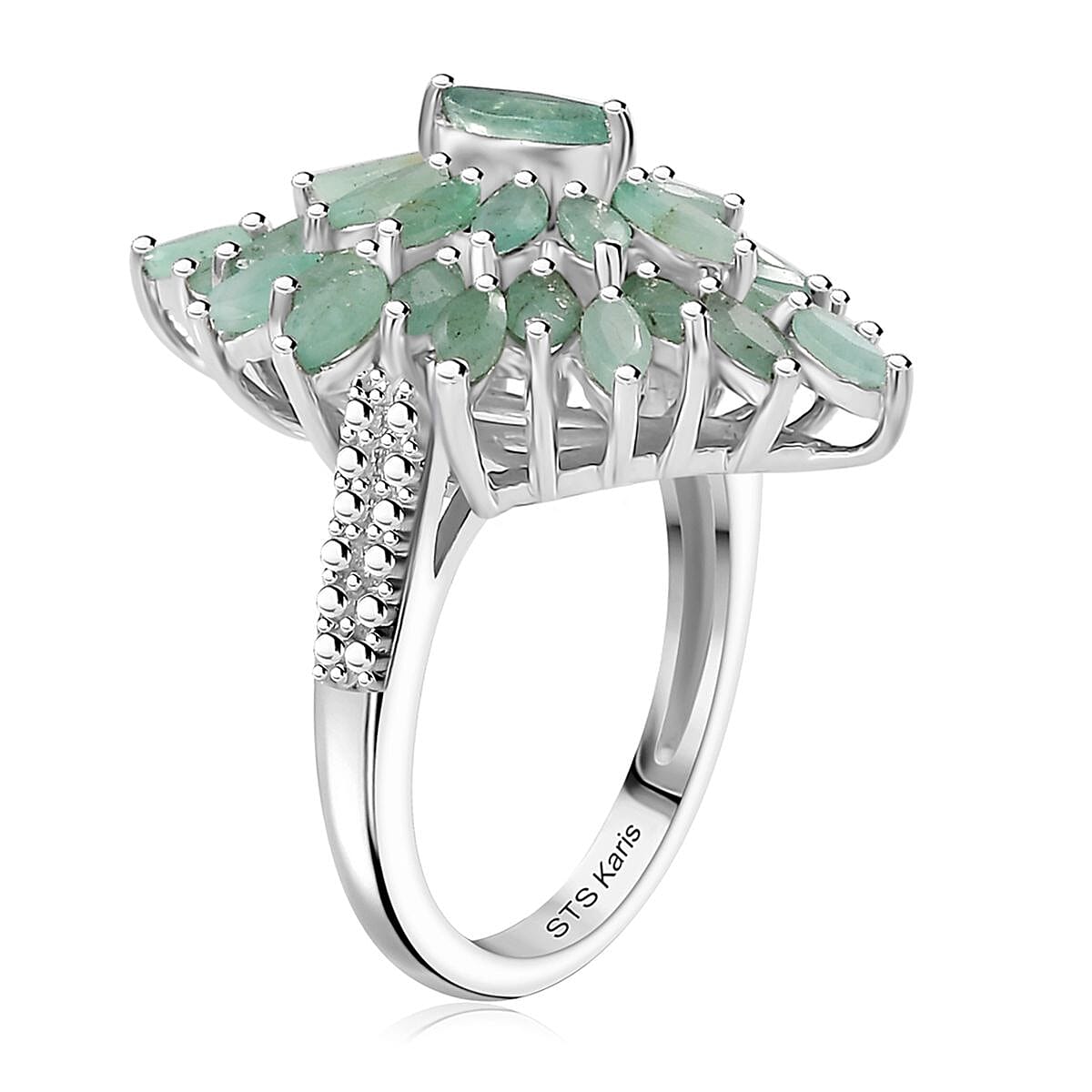 Karis Emerald 5.75 ctw Floral Spray Ring (Size 6.0) and Pendant in Platinum Bond with Stainless Steel Necklace 20 Inches image number 4