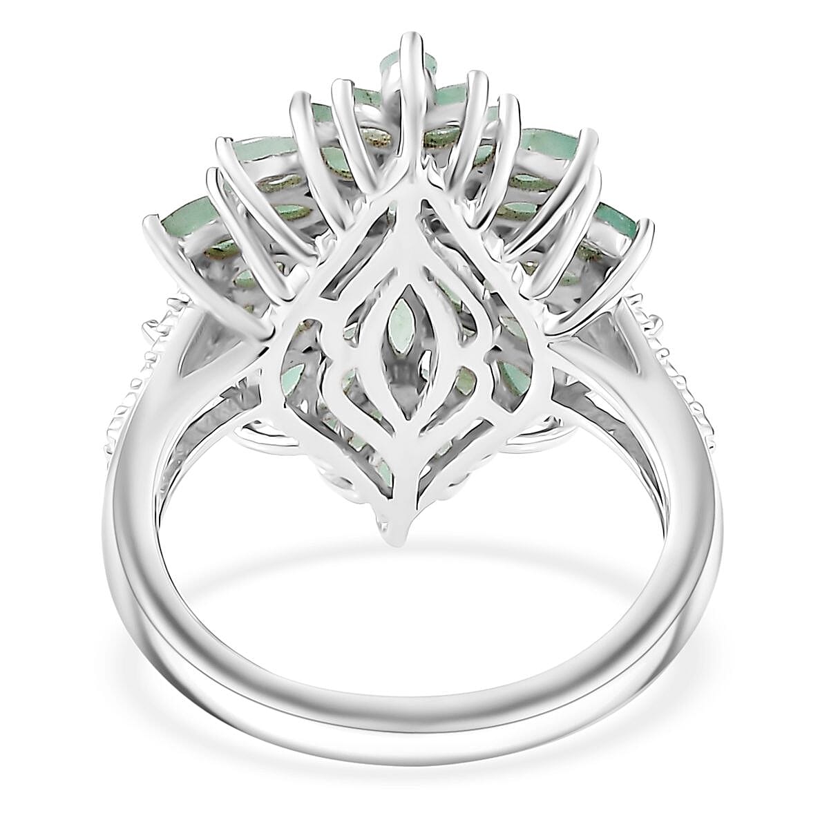 Karis Emerald 5.75 ctw Floral Spray Ring (Size 6.0) and Pendant in Platinum Bond with Stainless Steel Necklace 20 Inches image number 5