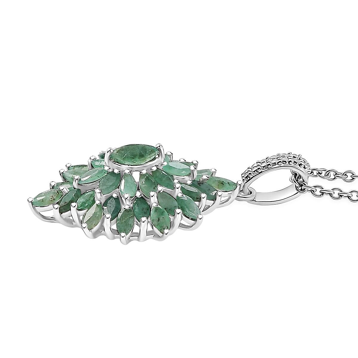 Karis Emerald 5.75 ctw Floral Spray Ring (Size 6.0) and Pendant in Platinum Bond with Stainless Steel Necklace 20 Inches image number 7