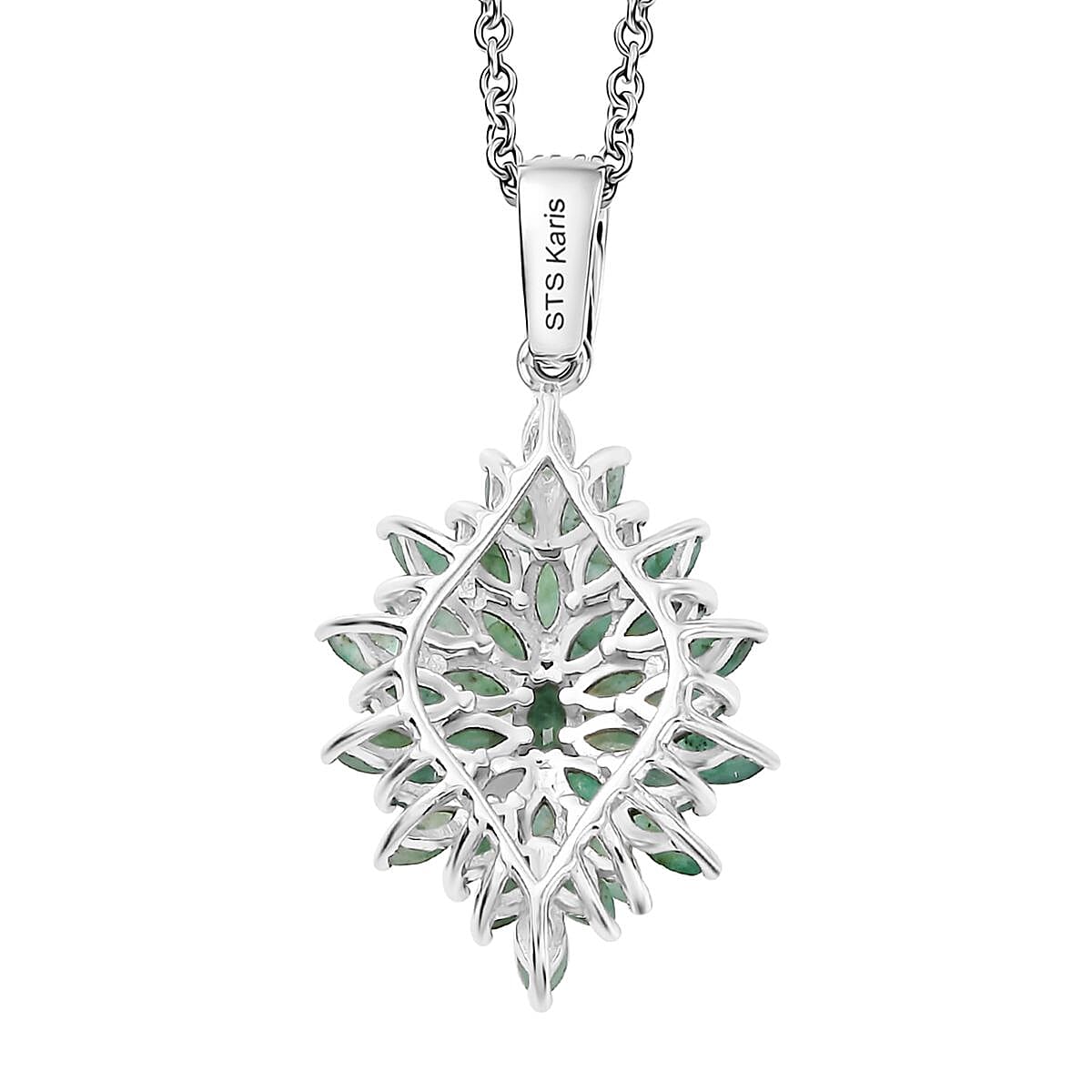 Karis Emerald 5.75 ctw Floral Spray Ring (Size 6.0) and Pendant in Platinum Bond with Stainless Steel Necklace 20 Inches image number 8