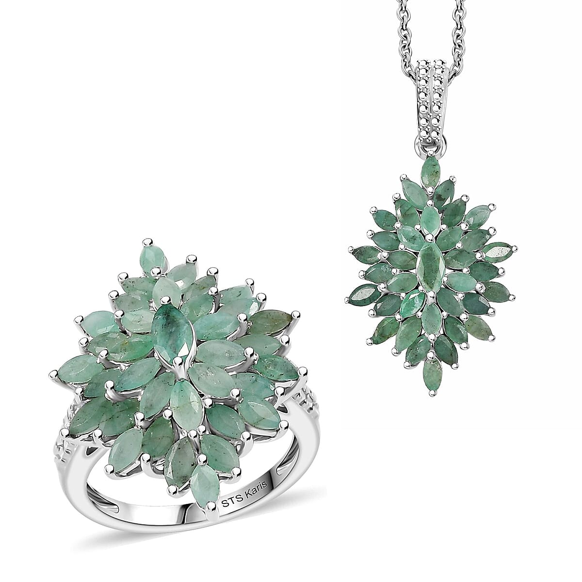 Karis Emerald 5.75 ctw Floral Spray Ring (Size 7.0) and Pendant in Platinum Bond with Stainless Steel Necklace 20 Inches image number 0