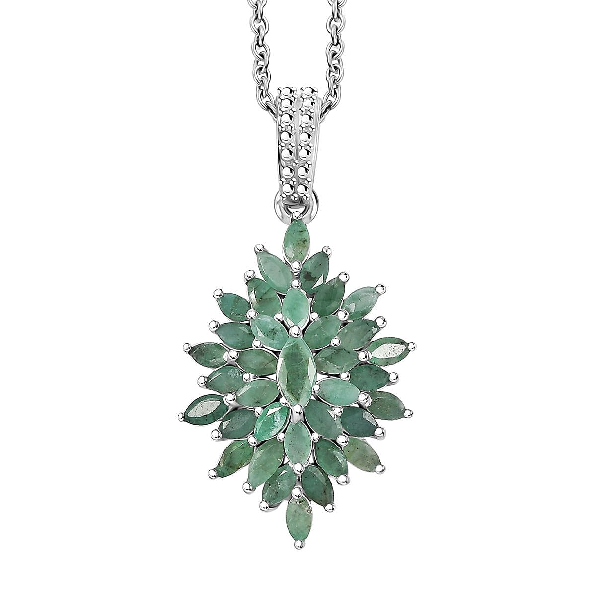 Karis Emerald 5.75 ctw Floral Spray Ring (Size 7.0) and Pendant in Platinum Bond with Stainless Steel Necklace 20 Inches image number 6