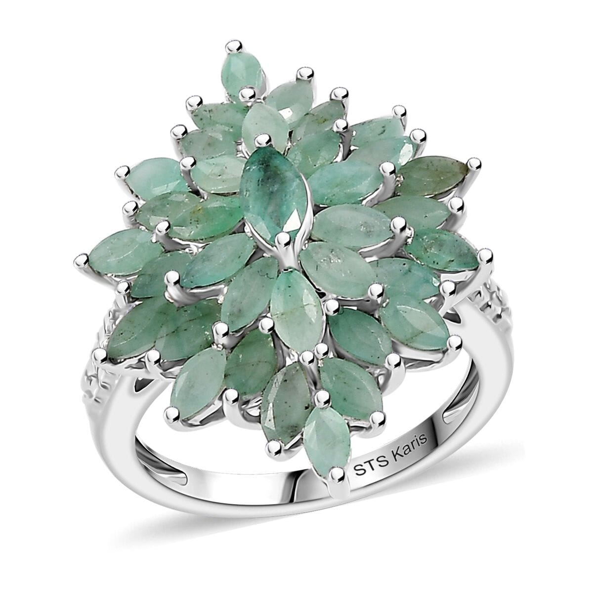 Karis Emerald 5.75 ctw Floral Spray Ring (Size 9.0) and Pendant in Platinum Bond with Stainless Steel Necklace 20 Inches image number 3