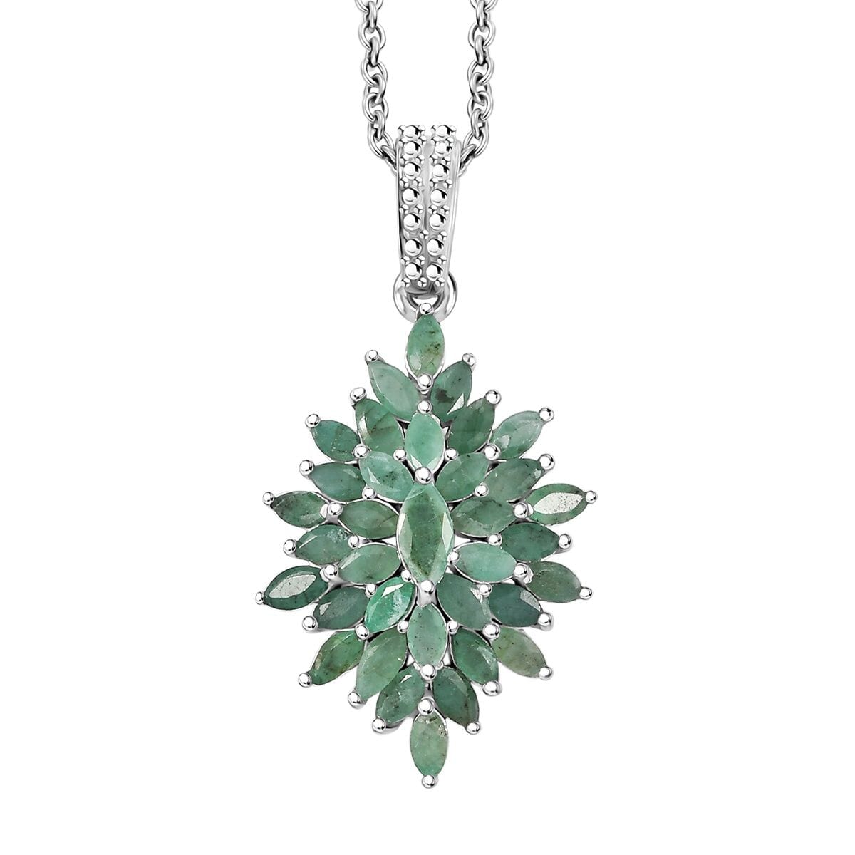 Karis Emerald 5.75 ctw Floral Spray Ring (Size 9.0) and Pendant in Platinum Bond with Stainless Steel Necklace 20 Inches image number 6