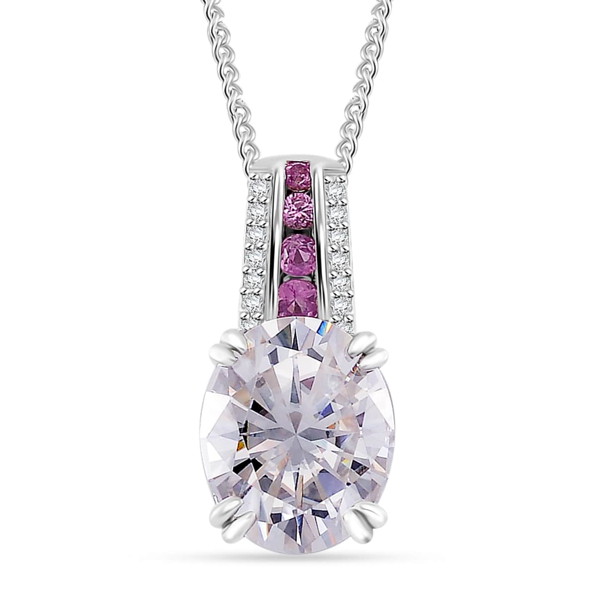 Doorbuster Moissanite and Pink Sapphire 3.80 ctw Royal Majesty Pendant Necklace in Rhodium Over Sterling Silver 20 Inches image number 0