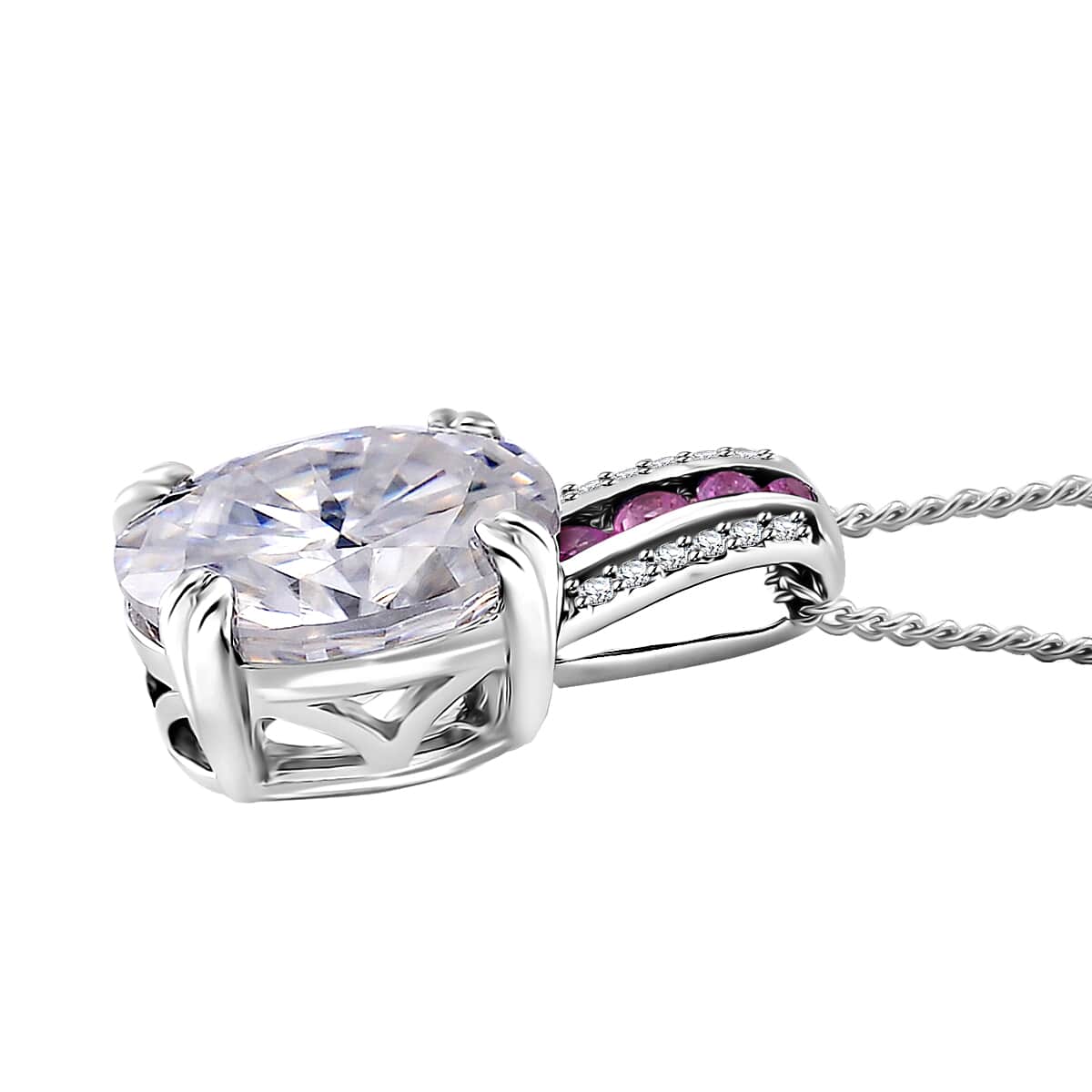 Doorbuster Moissanite and Pink Sapphire 3.80 ctw Royal Majesty Pendant Necklace in Rhodium Over Sterling Silver 20 Inches image number 2