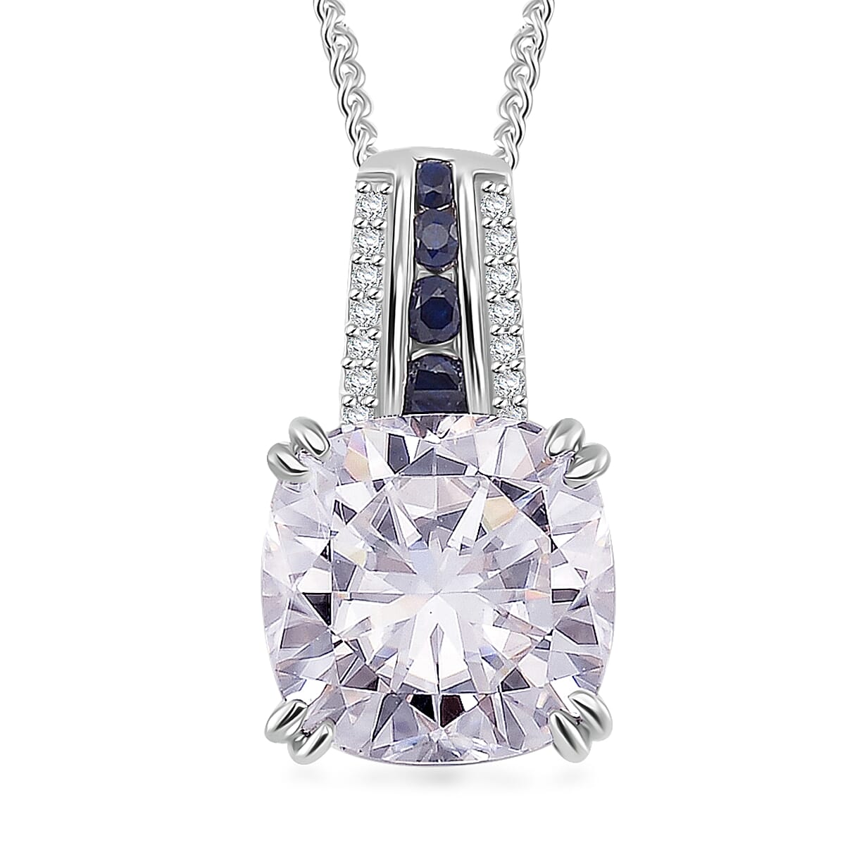 Moissanite and Blue Sapphire 4.75 ctcw Royal Majesty Pendant Necklace in Rhodium Over Sterling Silver 20 Inches image number 0
