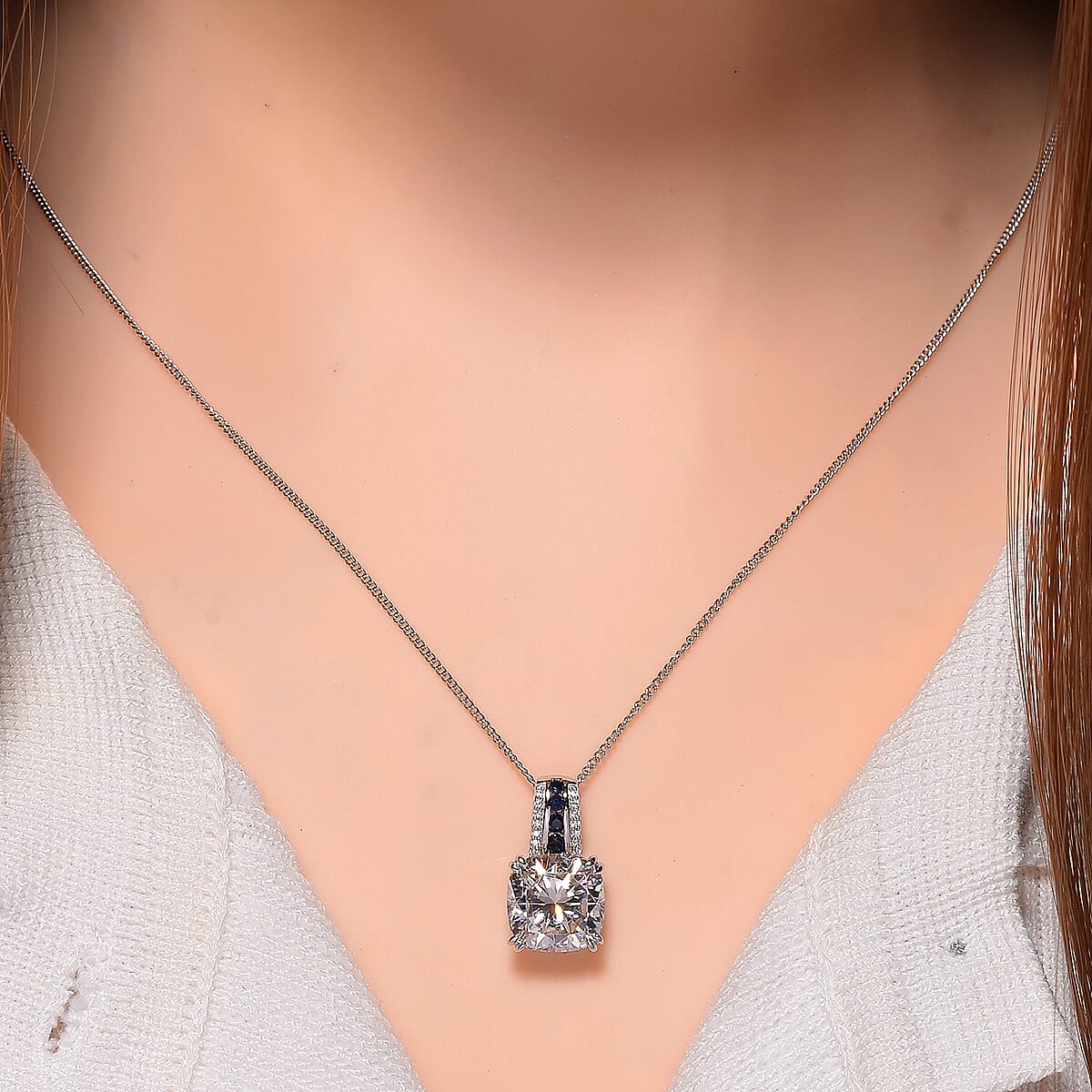 Moissanite and Blue Sapphire 4.75 ctcw Royal Majesty Pendant Necklace in Rhodium Over Sterling Silver 20 Inches image number 1