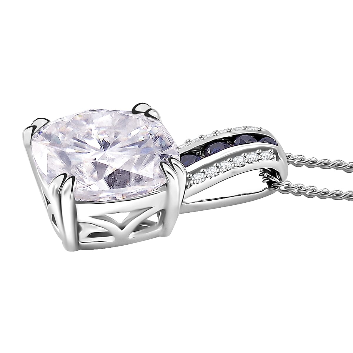Moissanite and Blue Sapphire 4.75 ctcw Royal Majesty Pendant Necklace in Rhodium Over Sterling Silver 20 Inches image number 2