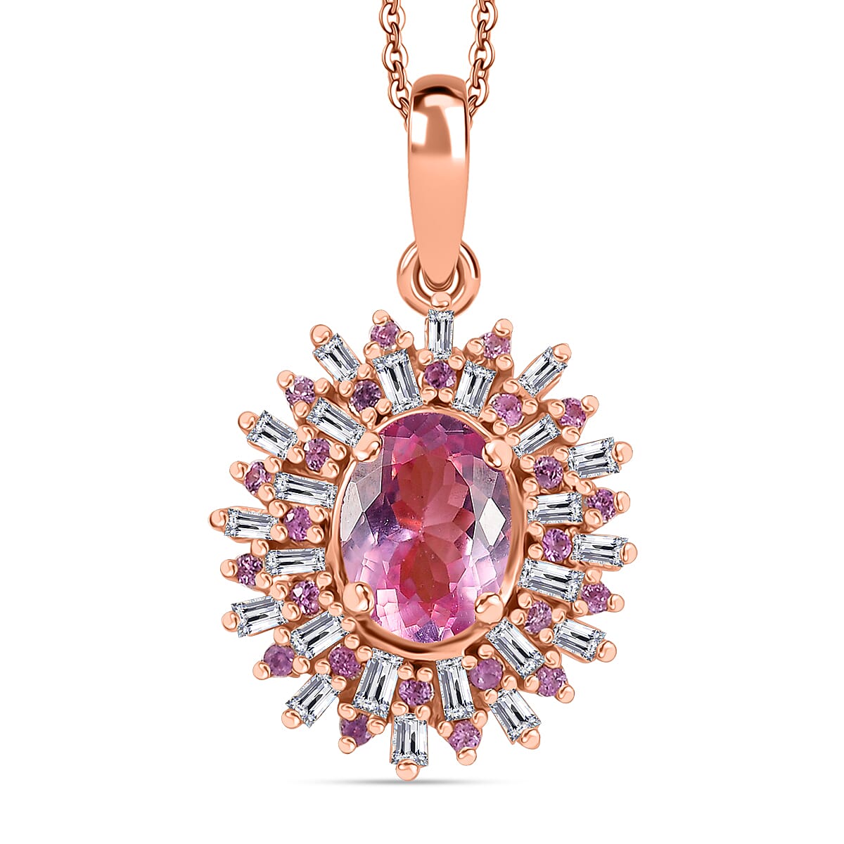 Narsipatnam Pink Spinel, Pink Sapphire, Diamond 1.25 ctw Pendant Necklace 20 Inches in 18K Vermeil Rose Gold Over Sterling Silver