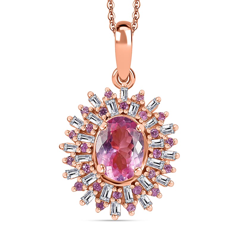 Narsipatnam Pink Spinel, Pink Sapphire, Diamond 1.20 ctw Sunrays Pendant Necklace in 18K Vermeil Rose Gold Over Sterling Silver 20 Inches