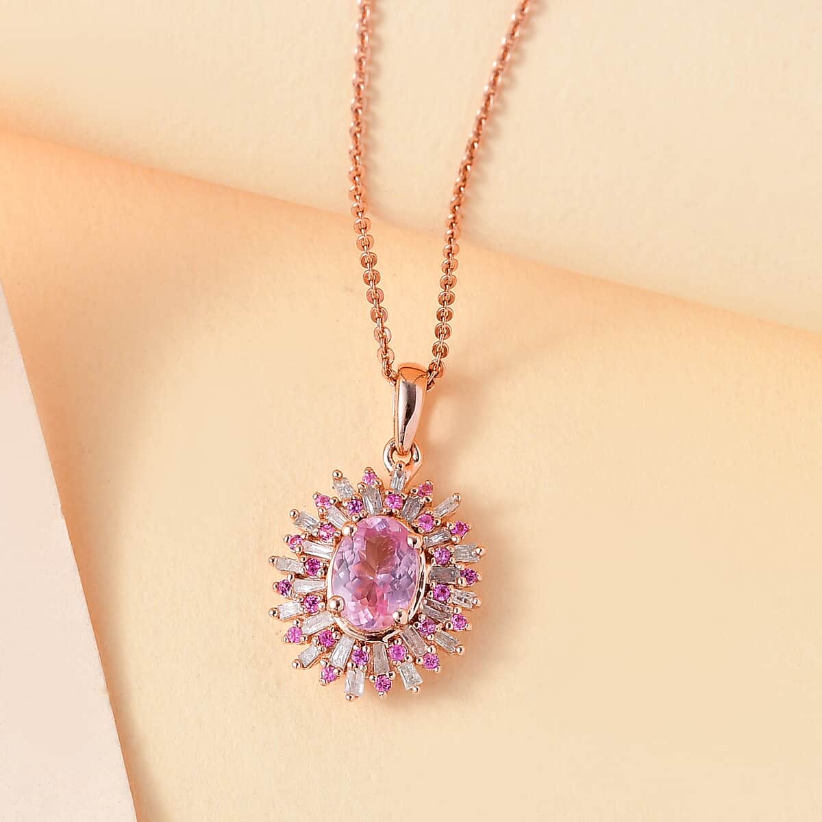 Narsipatnam Pink Spinel, Pink Sapphire, Diamond 1.20 ctw Sunrays Pendant Necklace in 18K Vermeil Rose Gold Over Sterling Silver 20 Inches image number 1