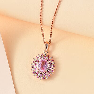 Narsipatnam Pink Spinel, Pink Sapphire, Diamond 1.20 ctw Sunrays Pendant Necklace in 18K Vermeil Rose Gold Over Sterling Silver 20 Inches