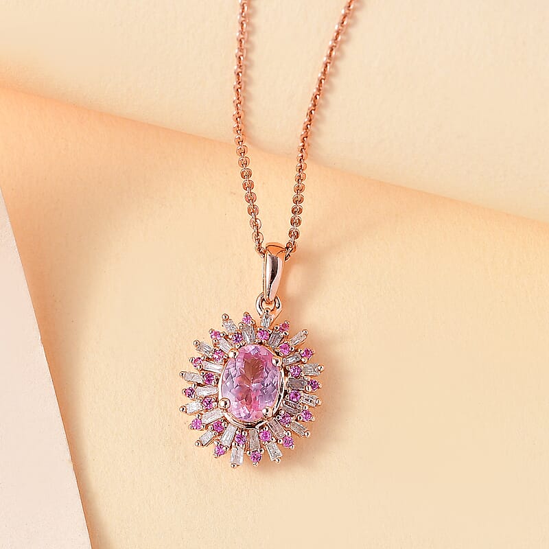 Narsipatnam Pink Spinel, Pink Sapphire, Diamond 1.20 ctw Sunrays Pendant Necklace in 18K Vermeil Rose Gold Over Sterling Silver 20 Inches