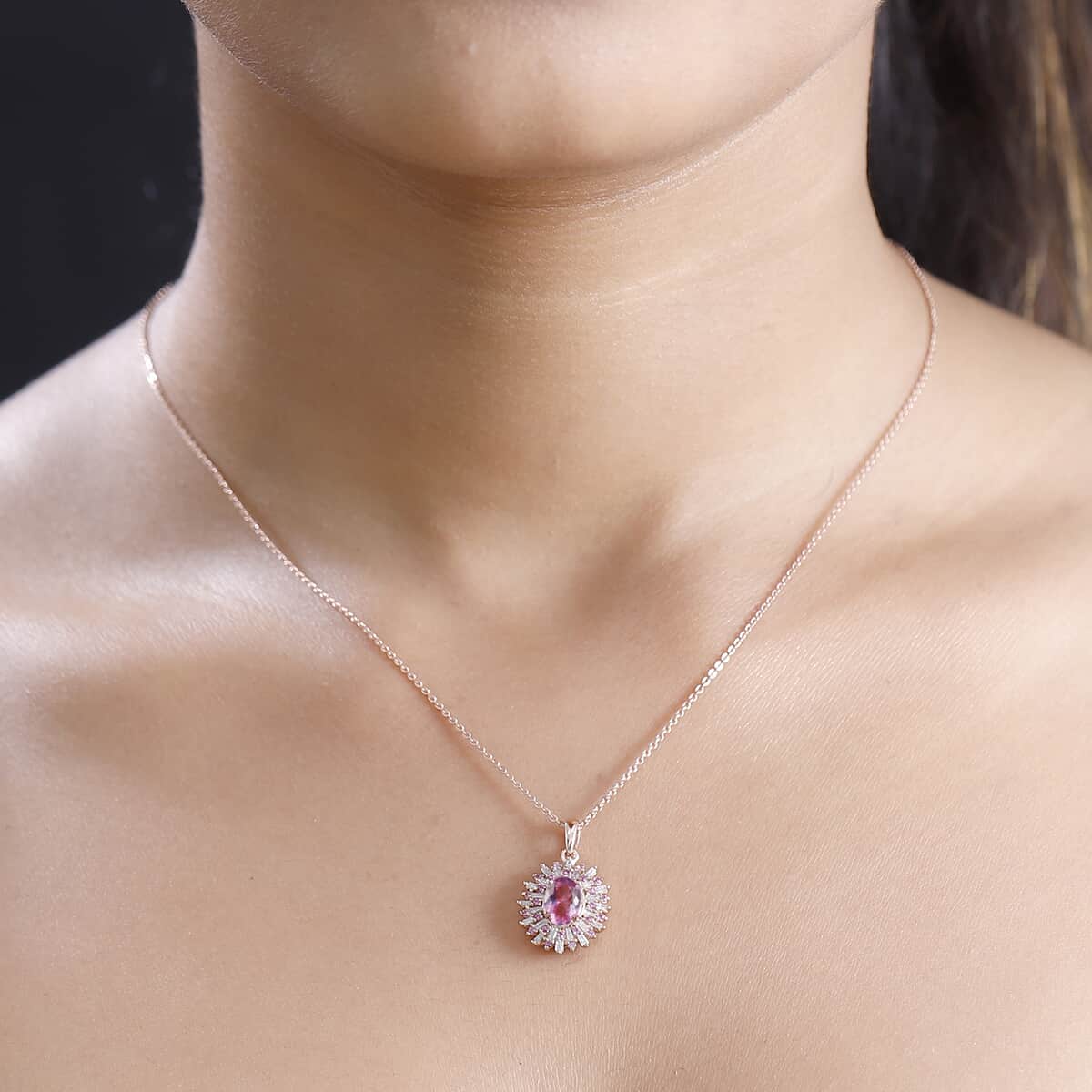 Narsipatnam Pink Spinel, Pink Sapphire, Diamond 1.20 ctw Sunrays Pendant Necklace in 18K Vermeil Rose Gold Over Sterling Silver 20 Inches image number 2