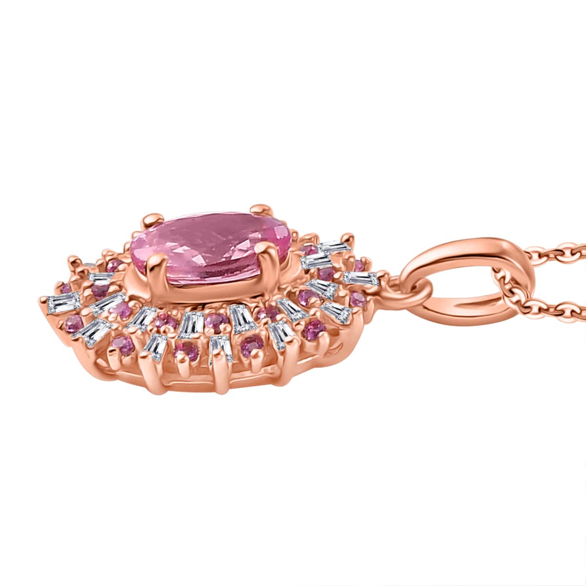 Narsipatnam Pink Spinel, Pink Sapphire, Diamond 1.20 ctw Sunrays Pendant Necklace in 18K Vermeil Rose Gold Over Sterling Silver 20 Inches image number 3