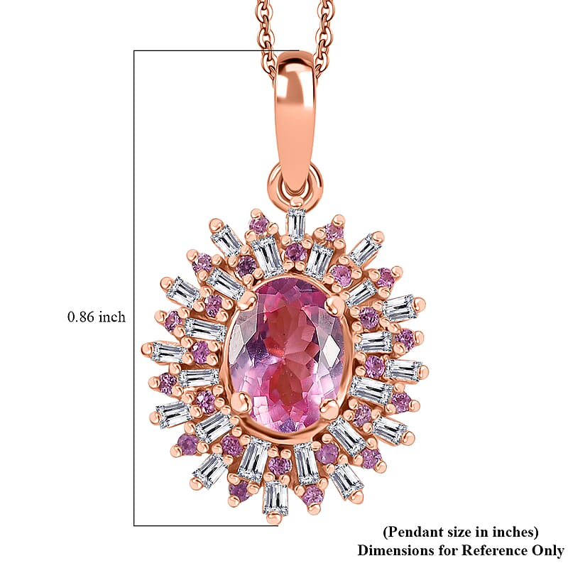 Narsipatnam Pink Spinel, Pink Sapphire, Diamond 1.20 ctw Sunrays Pendant Necklace in 18K Vermeil Rose Gold Over Sterling Silver 20 Inches