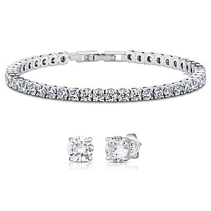 Simulated Diamond Tennis Bracelet (7.50in) and Earrings in Silvertone