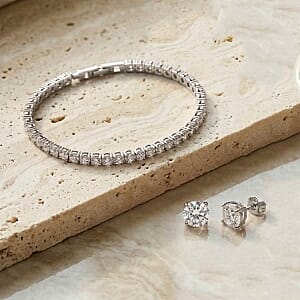 Simulated Diamond Tennis Bracelet (7.50in) and Earrings in Silvertone