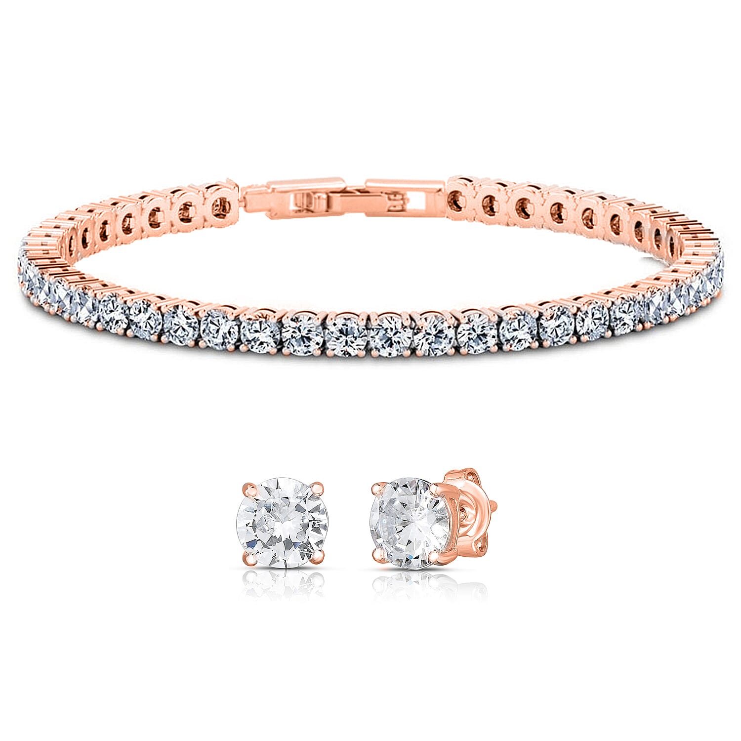 Simulated Diamond Bracelet and Earrings in Rose Gold Plated 11.25 ctw