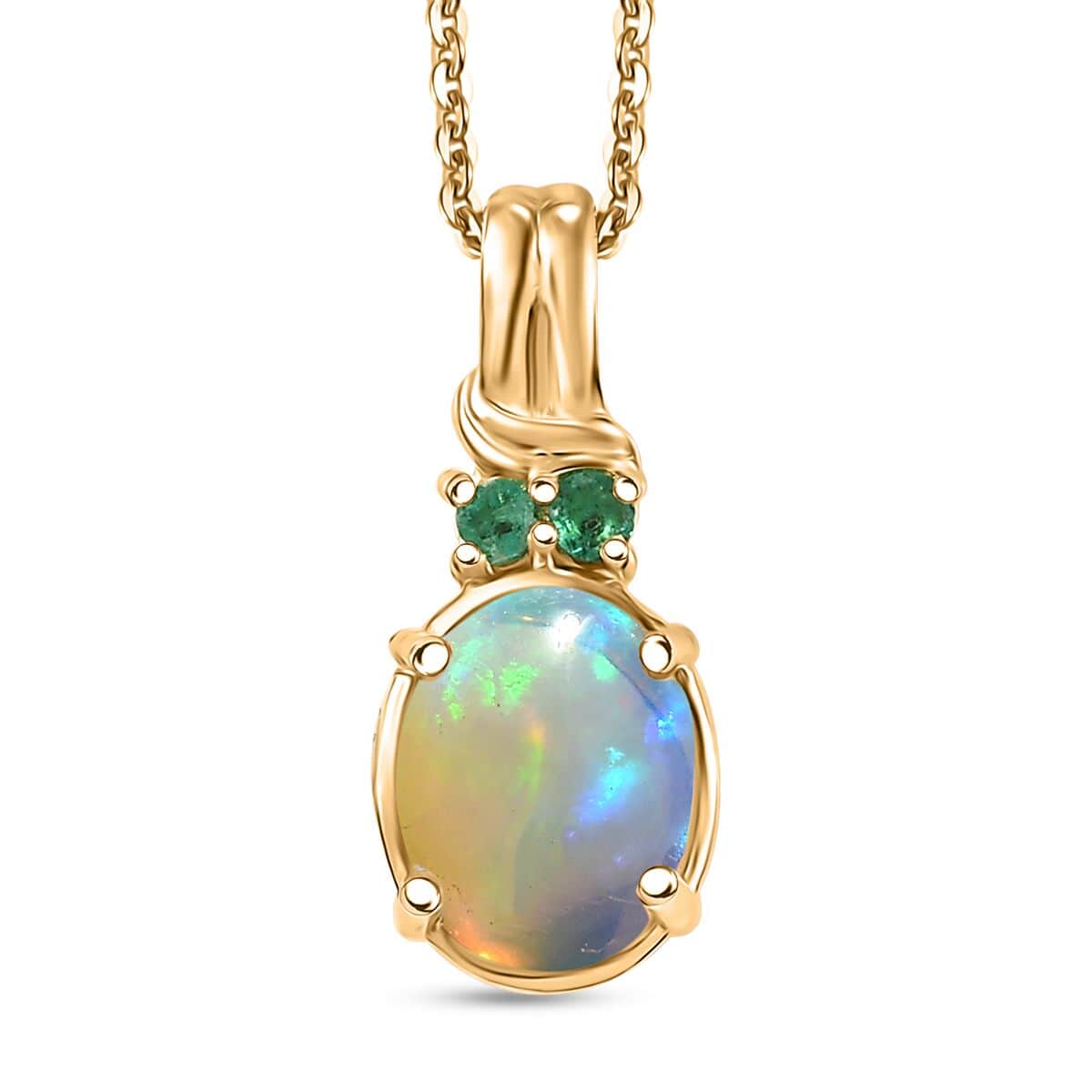 Ethiopian Welo Opal and Kagem Zambian Emerald Pendant Necklace in 18K Vermeil Yellow Gold Over Sterling Silver 20 Inches image number 0