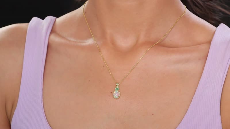 Ethiopian Welo Opal and Kagem Zambian Emerald Pendant Necklace in 18K Vermeil Yellow Gold Over Sterling Silver 20 Inches
