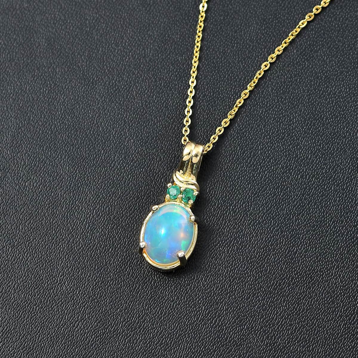 Ethiopian Welo Opal and Kagem Zambian Emerald Pendant Necklace in 18K Vermeil Yellow Gold Over Sterling Silver 20 Inches image number 1