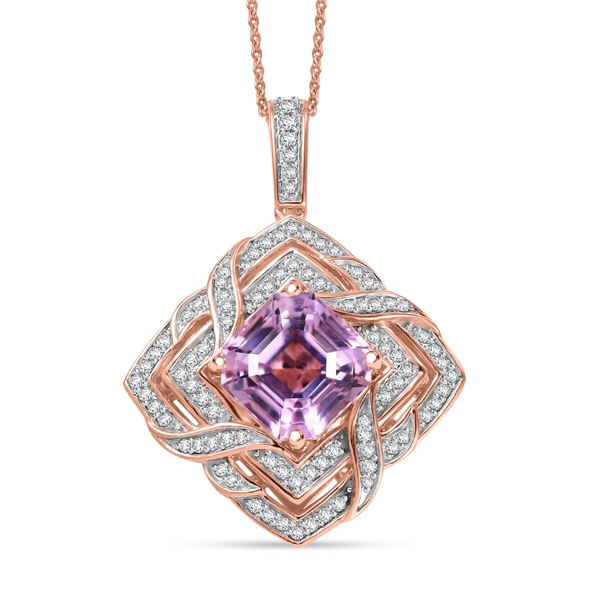 GP Amore Collection Asscher Cut Premium Kunzite and Moissanite 8.40 ctw Good Luck Endless Knot Pendant Necklace in 18K Vermeil Rose Gold Over Sterling Silver 20 Inches image number 0