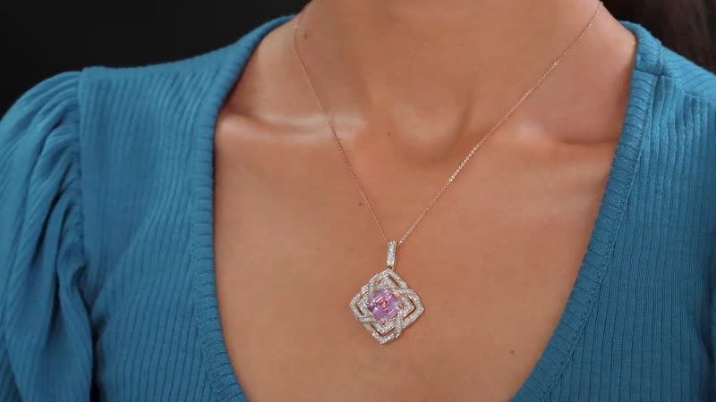 GP Amore Collection Asscher Cut Premium Kunzite and Moissanite 8.40 ctw Good Luck Endless Knot Pendant Necklace in 18K Vermeil Rose Gold Over Sterling Silver 20 Inches